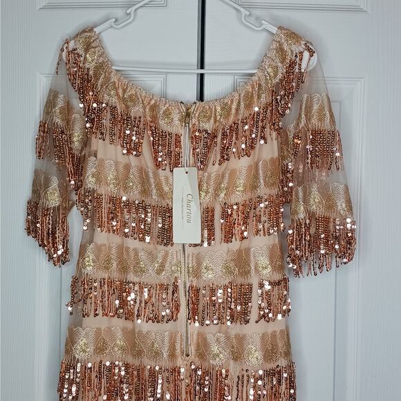 Chartou Off The Shoulder Fringed Sequin Party Style Dress NWT - Picture 6 of 11